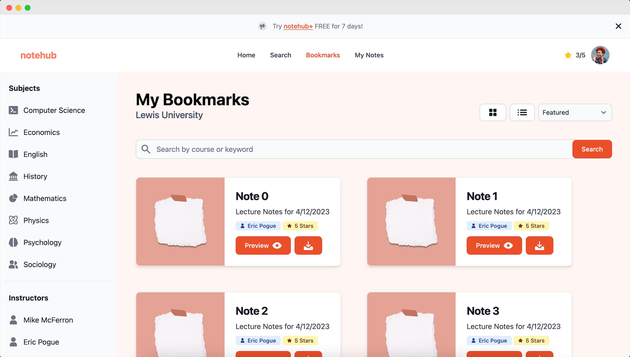 NoteHub's bookmarks page