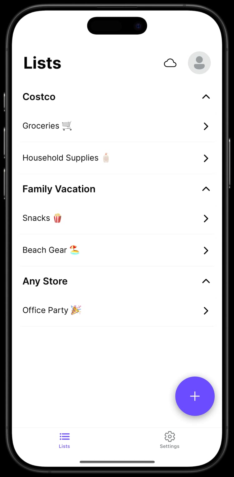 Togro's lists screen