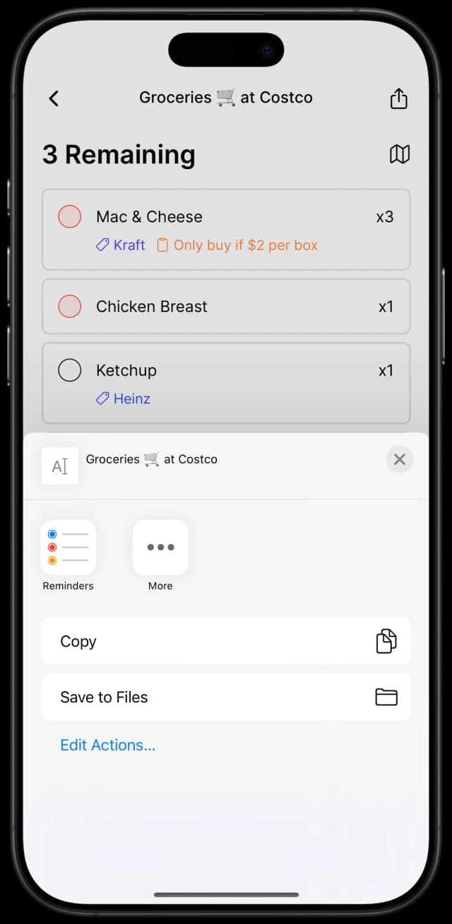 Togro's list sharing sheet
